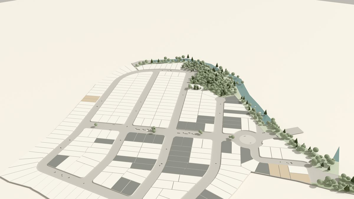 Visualización conceptual en perspectiva del plan maestro de El Sitio: lotes, calles, rotonda y árboles junto al río; no es una foto